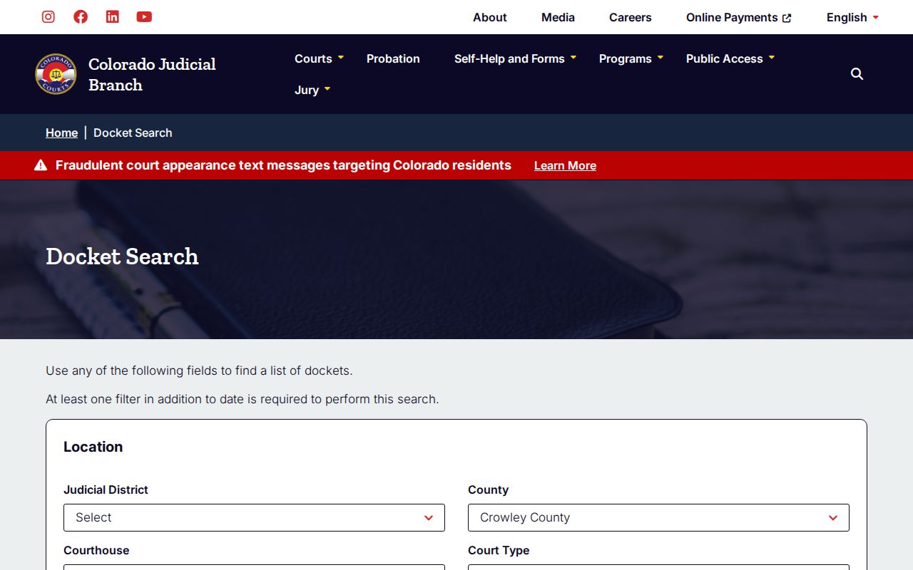 Colorado Judicial Crowley County docket result format without personal case details