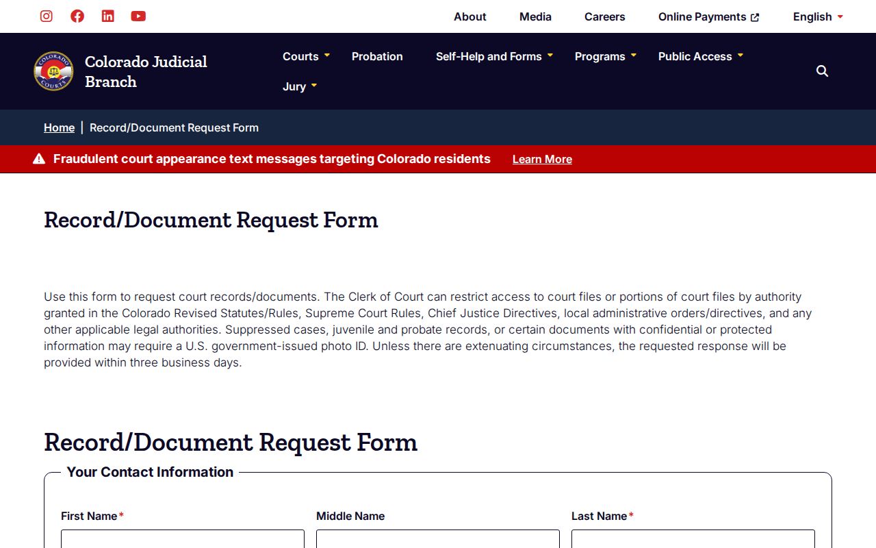 Colorado Judicial official court record request form for Crowley County records