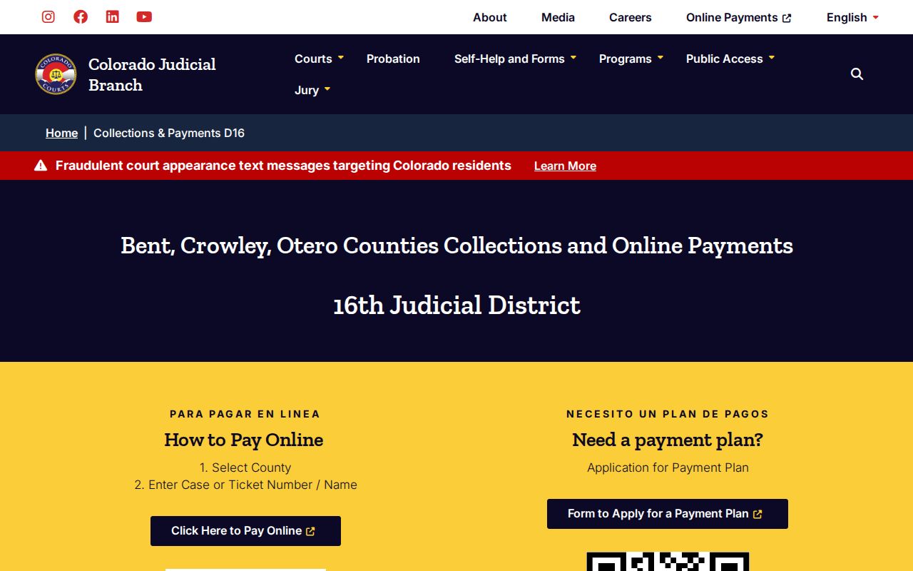 16th Judicial District Crowley County traffic payment and case search route