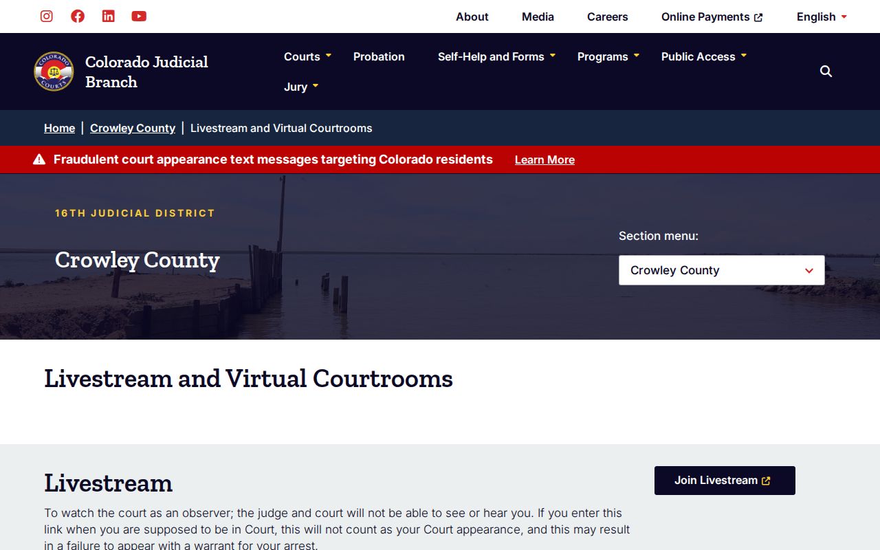 Crowley County virtual jail advisement route from Colorado Judicial Branch