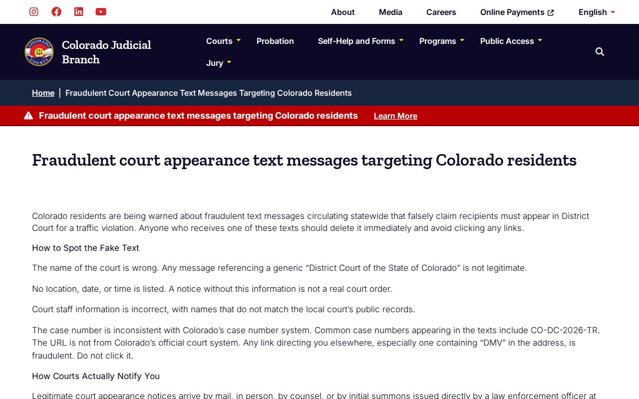 Colorado Judicial Branch warning about false court appearance messages affecting Crowley County residents