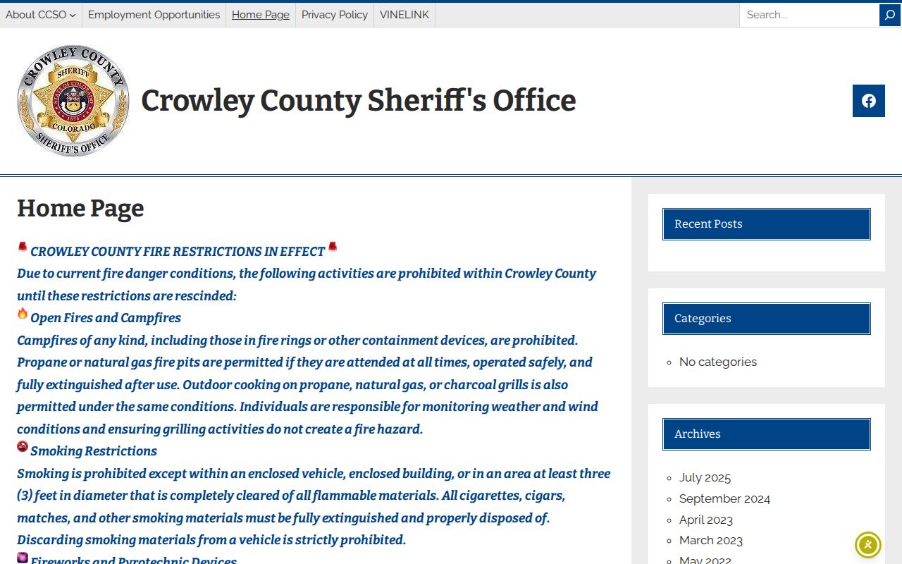 Crowley County Sheriff official website navigation for public safety and warrant information