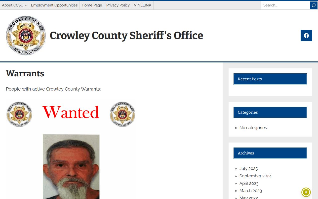 Crowley County Sheriff official active warrant page frame with personal gallery details omitted